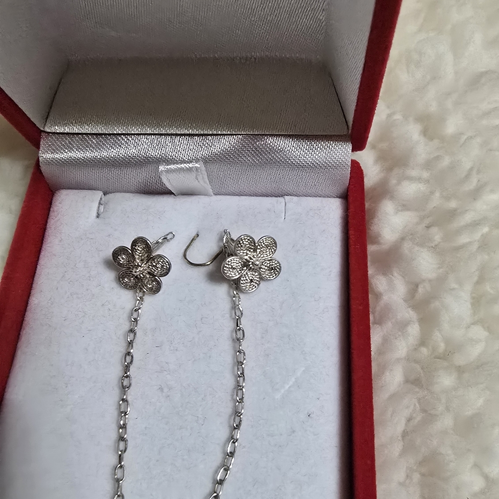 Elegant Silver Flower Chain Earrings